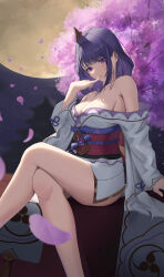 Rule 34 | 1girl, absurdres, bakemonsou, bare legs, blush, breasts, cherry blossoms, cleavage, closed mouth, eyebrows hidden by hair, finger to mouth, flower, foot out of frame, full moon, genshin impact, hair flower, hair ornament, highres, japanese clothes, kimono, large breasts, long hair, looking at viewer, moon, night, outdoors, purple eyes, purple flower, purple hair, purple kimono, raiden shogun, sitting, smile, solo, thighs