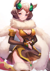 Rule 34 | 1girl, absurdres, animal ears, bare shoulders, breasts, brown hair, cat ears, cleavage, closed mouth, cowboy shot, dress, elbow gloves, erune, fur collar, fur trim, gloves, granblue fantasy, highres, looking at viewer, medium breasts, medium hair, mole, mole under mouth, own hands together, purple eyes, sakurahuji-iro, side slit, sideless outfit, simple background, smile, solo, sutera (granblue fantasy), swept bangs, thighhighs, zettai ryouiki