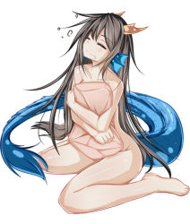 Rule 34 | 1girl, bad id, bad pixiv id, barefoot, black hair, blush, closed eyes, collarbone, denis053, dragon girl, dragon horns, dragon tail, drooling, feet, fins, full body, head fins, horns, hugging object, karin (p&amp;d), long hair, nude, pillow, pillow hug, puzzle &amp; dragons, saliva, simple background, sitting, smile, solo, tail, very long hair, wariza, white background, zuo wei er