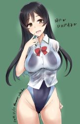 Rule 34 | 1girl, black hair, breasts, brown eyes, chikuma (kancolle), competition swimsuit, cowboy shot, dated, gluteal fold, green background, highleg, highleg swimsuit, highres, kantai collection, large breasts, long hair, minase (takaoka nanase), one-piece swimsuit, open mouth, red neckwear, see-through, simple background, smile, solo, standing, swimsuit, swimsuit under clothes, translated, twitter username