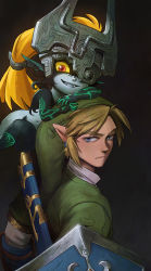 Rule 34 | 1boy, 1girl, blonde hair, blue eyes, closed mouth, clothed male nude female, collared shirt, earrings, fang, full body, green tunic, grin, highres, holding, holding shield, hylian shield, jewelry, layered sleeves, link, long sleeves, looking at viewer, looking back, looking to the side, malin falch, mask, midna, nintendo, nude, one eye covered, orange eyes, orange hair, pointy ears, scabbard, sheath, shield, shirt, short over long sleeves, short sleeves, smile, teeth, the legend of zelda, the legend of zelda: twilight princess, unsheathed, upper body