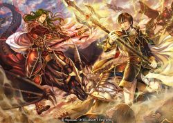 Rule 34 | 4boys, armor, battle, brown eyes, brown hair, cape, ascot, day, dragon, fingerless gloves, fire emblem, fire emblem: genealogy of the holy war, gem, gloves, glowing, glowing weapon, green hair, helmet, holding, holding weapon, horse, horseback riding, long hair, male focus, multiple boys, nintendo, official art, outdoors, polearm, quan (fire emblem), red armor, red eyes, red gloves, riding, spear, travant (fire emblem), trident, very long hair, watermark, weapon, white cape, white gloves, wyvern, yellow eyes