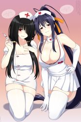 Rule 34 | 2girls, absurdly long hair, antenna hair, black hair, blue hair, breasts, cleavage, commission, crossover, dark blue hair, date a live, elbow gloves, female focus, gloves, grin, hair over one eye, hair ribbon, hand on own chest, hand on own hip, hat, high school dxd, highres, himejima akeno, holding, holding syringe, kneeling, lindaroze, long hair, looking at viewer, medium breasts, multiple girls, nurse, nurse cap, open mouth, parted lips, ponytail, red eyes, ribbon, skirt, smile, smirk, speech bubble, syringe, thighhighs, tokisaki kurumi, twintails, twitter username, very long hair, watermark, web address, white gloves, white skirt, white thighhighs, yellow ribbon