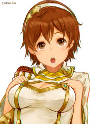 Rule 34 | 10s, 1girl, bad id, bad pixiv id, breasts, brown eyes, brown hair, cleavage, granblue fantasy, hair ornament, hairband, hands on own chest, highres, honda mio, idolmaster, idolmaster cinderella girls, large breasts, looking at viewer, open mouth, short hair, solo, star (symbol), star hair ornament, suggestive fluid, yatsuka (846)