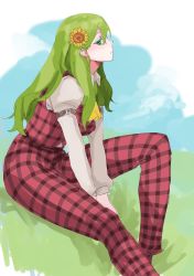 Rule 34 | 1girl, arms between legs, ascot, bad id, bad twitter id, closed mouth, flower, green eyes, green hair, hair flower, hair ornament, highres, juliet sleeves, kazami yuuka, kazami yuuka (pc-98), knee up, long hair, long sleeves, looking at viewer, outdoors, pants, plaid, plaid pants, plaid vest, puffy sleeves, red pants, red vest, shirt, sitting, solo, sunflower, tohoyuukarin, touhou, touhou (pc-98), vest, white shirt, yellow ascot