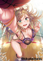 Rule 34 | 1girl, artist name, ball, basket, basketball, basketball (object), blonde hair, blurry, blurry background, blush, bra, bracelet, breasts, buttons, cleavage, collarbone, covered erect nipples, foreshortening, green eyes, holding, indoors, jewelry, kikuzuki tarou, large breasts, long hair, open mouth, original, scan, shiny skin, shirt, shoes, sneakers, solo, sweat, toranoana, underwear, underwear only, wavy mouth