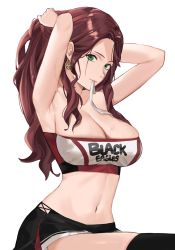 Rule 34 | 1girl, armpits, arms behind head, arms up, bandeau, bare shoulders, black skirt, black thighhighs, breasts, brown hair, cleavage, clothes writing, collarbone, dorothea arnault, earrings, fire emblem, fire emblem: three houses, green eyes, highres, j@ck, jewelry, large breasts, long hair, looking at viewer, mouth hold, navel, nintendo, parted bangs, simple background, skirt, strapless, sweat, thighhighs, thighs, tube top, tying hair, white background