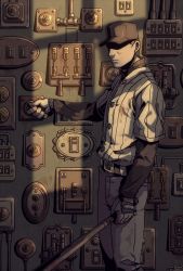 Rule 34 | 1boy, baseball bat, baseball cap, baseball uniform, belt, closed mouth, dial, gloves, hat, holding, holding baseball bat, light switch, male focus, off (game), pants, shade, shaded face, shadow, solo, sportswear, switch, the batter (off), wenny02