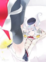 Rule 34 | 1girl, ama mitsuki, arms up, beret, black socks, blue eyes, blue skirt, blush, buttons, close-up, closed mouth, dated, double-breasted, hat, kantai collection, kashima (kancolle), kneehighs, kneepits, legs, long hair, looking at viewer, lying, military, military uniform, miniskirt, on back, perspective, pleated skirt, rudder footwear, sidelocks, skirt, socks, solo, thighs, twintails, twitter username, uniform