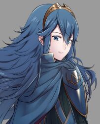 Rule 34 | 1girl, ameno (a meno0), armor, cape, expressionless, fire emblem, fire emblem awakening, from behind, grey background, hair between eyes, long hair, long sleeves, looking at viewer, looking back, lowres, lucina (fire emblem), nintendo, shoulder armor, solo, sweater, symbol-shaped pupils, tiara, upper body
