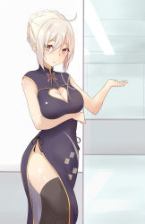 Rule 34 | 1girl, absurdres, ahoge, alternate breast size, artoria pendragon (fate), bare shoulders, black dress, black thighhighs, blonde hair, blush, braid, braided bun, breasts, china dress, chinese clothes, cleavage, cleavage cutout, clothing cutout, dress, fate/grand order, fate (series), hair bun, heart cutout, highres, large breasts, long hair, looking at viewer, mysterious heroine x alter (fate), open mouth, saku (kudrove), side slit, solo, thighhighs, thighs, yellow eyes