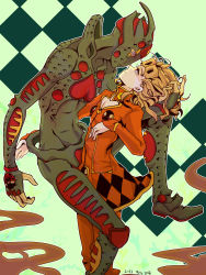 Rule 34 | 10s, 1boy, 2013, blonde hair, braid, bug, cleavage cutout, clothing cutout, dated, eye contact, giorno giovanna, gold experience requiem, haribote gangsta, heart, highres, insect, jojo no kimyou na bouken, ladybug, looking at another, male focus, multiple boys, red eyes, stand (jojo), vento aureo