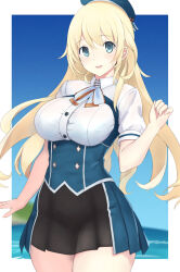 Rule 34 | 1girl, adapted costume, ascot, atago (kancolle), beret, black skirt, blonde hair, blue sky, blurry, blurry background, breasts, cloud, collared shirt, day, dress shirt, green eyes, hat, highres, horizon, kantai collection, kotou yogen, large breasts, long hair, looking at viewer, military uniform, ocean, outdoors, pleated skirt, shirt, skirt, sky, solo, standing, uniform, white ascot, white shirt