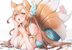 Rule 34 | 1girl, animal ear fluff, animal ears, aqua dress, armlet, bare shoulders, barefoot, blonde hair, blue eyes, blush, breasts, collar, commission, dress, feet up, fox ears, fox girl, fox tail, hair between eyes, hair ornament, hands on own face, heterochromia, highres, kitsune, kyuubi, large breasts, long hair, looking at viewer, lying, multiple tails, nail polish, open mouth, original, simple background, skoll world, solo, tail, white background, yellow eyes