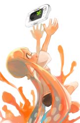 Rule 34 | 1girl, arms up, black shorts, colored tongue, from side, game console, ink, inkling, inkling girl, inkling player character, long hair, looking up, nintendo, open mouth, orange eyes, orange hair, orange tongue, reaching, shirt, short shorts, short sleeves, shorts, simple background, smile, splatoon (series), tawara8853, tentacle hair, very long hair, white background, white shirt, wii u