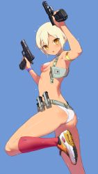 Rule 34 | 1girl, aida takanobu, ammunition, armpits, ass, bad id, bad twitter id, bare shoulders, belt pouch, blue background, breasts, colored skin, dual wielding, from side, gun, handgun, holding, holster, open mouth, orange skin, original, panties, pasties, pistol, pouch, shoes, short hair, sideboob, simple background, small breasts, solo, tan, underwear, weapon, white hair, white panties, wristband, yellow eyes