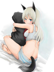 Rule 34 | 1girl, animal ears, barefoot, bed, blue eyes, blush, butt crack, eila ilmatar juutilainen, feet, fox ears, fox tail, haruyuki, lingerie, hugging object, pillow, pillow hug, solo, strike witches, tail, underwear, white hair, world witches series