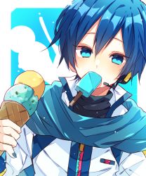 Rule 34 | 1boy, blue eyes, blue hair, blush, coat, double scoop, food, food in mouth, hand up, headphones, headset, highres, holding, holding food, holding ice cream, ice cream, ice cream cone, kaho 0102, kaito (vocaloid), kaito (vocaloid3), long sleeves, looking at viewer, nail polish, popsicle, popsicle in mouth, scarf, short hair, solo, vocaloid, zipper