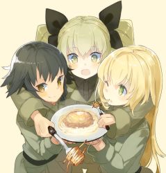 Rule 34 | 10s, 3girls, ;o, anchovy (girls und panzer), beige background, black hair, black shirt, blush, braid, brown eyes, carpaccio (girls und panzer), closed mouth, coat, fang, food, fork, girls und panzer, green coat, green eyes, green hair, holding, holding fork, holding plate, hug, long hair, long sleeves, looking at viewer, military, military uniform, multiple girls, nekomegane, one eye closed, open mouth, pasta, pepperoni (girls und panzer), plate, shirt, short hair, side braid, simple background, smile, spaghetti, uniform, upper body, yellow eyes