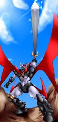Rule 34 | commentary, highres, holding, holding sword, holding weapon, horns, large wings, looking at viewer, mazinger (series), mazinger z, mazinkaiser, mazinkaiser (robot), mecha, mengnaidu, no humans, pilder, retro artstyle, robot, science fiction, solo, super robot, sword, translation request, weapon, wings