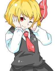 Rule 34 | 1girl, ;), blonde hair, hair ribbon, hands on own face, kieeyo, long sleeves, necktie, one eye closed, red eyes, red necktie, ribbon, rumia, short hair, simple background, skirt, smile, solo, touhou, vest, white background