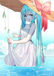 Rule 34 | 1girl, bad id, bad pixiv id, bare arms, bare shoulders, blue eyes, blue hair, blue sky, blush, bow, breasts, cleavage, cloud, day, dress, flower, hair between eyes, hat, hat bow, hat flower, hatsune miku, long hair, medium breasts, open mouth, outdoors, red bow, round teeth, skirt hold, sky, solo, strapless, strapless dress, straw hat, teeth, twintails, upper teeth only, very long hair, vocaloid, w.k, wading, water, white dress, white flower