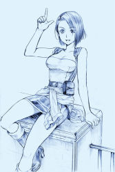 Rule 34 | 1girl, arm support, bad id, bad pixiv id, belt, blue theme, boots, breasts, cleavage, hair over one eye, high heels, jill valentine, knee boots, miniskirt, monochrome, open mouth, rakuto mangan, resident evil, resident evil 3, resident evil 3: nemesis, shirt, shoes, short hair, sitting, skirt, solo, strapless, tied shirt, tube top