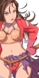 Rule 34 | 1girl, aira (dq7), aonori misuji, armor, bikini armor, black hair, breasts, closed mouth, collarbone, dragon quest, dragon quest vii, gloves, groin, lipstick, long hair, looking at viewer, makeup, medium breasts, navel, red gloves, simple background, solo, thighhighs, white background