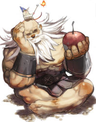 Rule 34 | 1boy, animal, animal on head, apple, arm support, barefoot, beard, dragon&#039;s crown, dwarf (dragon&#039;s crown), facial hair, food, fruit, full body, highres, male focus, mibu natsuki, mouse (animal), muscular, on head, pteruges, simple background, sitting, white background