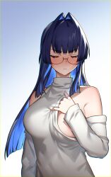 Rule 34 | 1girl, absurdres, bare shoulders, bingsardina, blue hair, blush, breasts, closed eyes, colored inner hair, facing viewer, full-face blush, glasses, hair intakes, highres, hololive, hololive english, large breasts, long hair, long sleeves, multicolored hair, no bra, official alternate costume, ouro kronii, semi-rimless eyewear, simple background, solo, sweater, under-rim eyewear, upper body, virtual youtuber, white background, white sweater