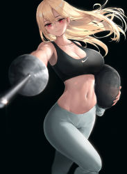 Rule 34 | 1girl, absurdres, asymmetrical breasts, black background, blonde hair, breasts, cleavage, fencing, foreshortening, highres, large breasts, mole, mole on breast, navel, nike (company), original, pigone, red eyes, simple background, smile, solo, sports bra, sportswear