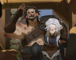 Rule 34 | 1boy, 1girl, ashe (league of legends), beard, breasts, brown gloves, bruise, bruise on face, closed mouth, facial hair, facing viewer, fingerless gloves, gloves, grey hair, grin, hand up, indoors, injury, knbn 0728, large breasts, league of legends, long hair, medium hair, open door, shoulder plates, single bare shoulder, smile, teeth, tryndamere