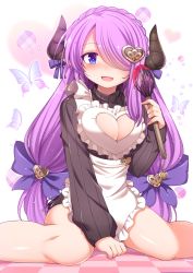 Rule 34 | 1girl, apron, blue eyes, blush, bow, braid, breasts, bug, butterfly, checkered floor, cleavage, cleavage cutout, clothing cutout, commentary request, crown braid, draph, dress, frilled apron, frills, granblue fantasy, hair ornament, hair over one eye, heart, heart cutout, heart hair ornament, highres, horn bow, horn ornament, horn ribbon, horns, insect, large breasts, long hair, long sleeves, looking at viewer, low-tied long hair, meme attire, narmaya (granblue fantasy), narmaya (valentine) (granblue fantasy), open-chest sweater, open mouth, pointy ears, purple bow, purple hair, purple ribbon, ribbed sweater, ribbon, sitting, smile, snow (gi66gotyo), solo, sweater, sweater dress, turtleneck, turtleneck sweater, twintails, valentine, waist apron, wariza, whisk, white apron