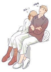 Rule 34 | 1boy, 1girl, between legs, blush, boots, brother and sister, brown hair, closed eyes, collared shirt, crossed ankles, crossed arms, dress, dungeon meshi, falin touden, falin touden (tallman), full body, grey shirt, hand between legs, laios touden, leaning on person, leaning to the side, light brown hair, one eye covered, pants, saiko67, shirt, shoes, short hair, siblings, side-by-side, simple background, sitting, sleeping, sleeping upright, smile, v arms, white background, white dress, white footwear, white pants