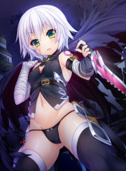 Rule 34 | 1girl, bandaged arm, bandages, black panties, blush, breasts, cameltoe, cloak, covered erect nipples, dagger, facial scar, fate/apocrypha, fate (series), fingerless gloves, gloves, green eyes, hair between eyes, highres, hip focus, holding, holding weapon, jack the ripper (fate/apocrypha), knife, looking at viewer, medium breasts, navel, outdoors, panties, parted lips, scar, scar across eye, scar on cheek, scar on face, short hair, shoulder tattoo, single fingerless glove, solo, tattoo, thighhighs, thighs, underwear, wakagi repa, weapon, white hair, white thighhighs