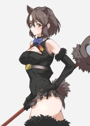 Rule 34 | 1girl, animal ears, bare shoulders, bear ears, bear girl, bear tail, black fur, black gloves, black shirt, blue bow, blue bowtie, blush, bow, bowtie, breasts, brown bear (kemono friends), brown hair, brown skirt, brown thighhighs, cleavage cutout, clothing cutout, collared shirt, commentary, cosplay, cowboy shot, elbow gloves, extra ears, from side, fur trim, gloves, grey background, hair between eyes, highres, higumamon (kemono friends), higumamon (kemono friends) (cosplay), japari symbol, kemono friends, large breasts, looking at viewer, orange eyes, paw stick, pleated skirt, red bow, red bowtie, shirt, short hair, showgirl skirt, sidelocks, simple background, skirt, solo, tail, tanabe (fueisei), thighhighs, white hair, zettai ryouiki