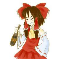 Rule 34 | 1girl, alcohol, armpits, ascot, bare shoulders, blush, bottle, bow, brown hair, cowboy shot, detached sleeves, drink, drunk, closed eyes, grin, hair bow, hair tubes, hakurei reimu, highres, japanese clothes, miko, red bow, red skirt, ribbon, ribbon-trimmed sleeves, ribbon trim, simple background, skirt, sleeveless, smile, solo, touhou, white background, wide sleeves