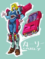 Rule 34 | 1girl, artist name, autobot, blue eyes, car, carly (transformers), character name, convertible, dodge (company), dodge challenger, dodge challenger (1st generation), full body, green background, hand on own hip, makoto ono, mecha, mechanization, motor vehicle, muscle car, open hand, robot, smile, transformers, waving