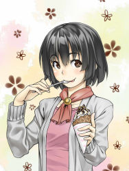 Rule 34 | 1girl, :p, ascot, black hair, brown eyes, cardigan, eating, floral background, food, h kasei, ice cream, ice cream cone, original, short hair, solo, spoon, tongue, tongue out