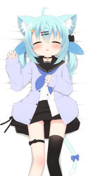 Rule 34 | 1girl, ahoge, animal ear fluff, animal ears, ayanepuna, bed sheet, black sailor collar, black skirt, black thighhighs, blue bow, blue hair, blue neckerchief, blue ribbon, blush, bow, cardigan, cat ears, cat girl, cat tail, closed eyes, commentary, commission, english commentary, facing viewer, feet out of frame, hair between eyes, hair ornament, hair ribbon, hairclip, highres, long hair, long sleeves, lying, neckerchief, on back, open cardigan, open clothes, original, parted lips, pleated skirt, puffy long sleeves, puffy sleeves, purple cardigan, ribbon, sailor collar, shirt, single thighhigh, skirt, sleeves past wrists, solo, tail, tail bow, tail ornament, thighhighs, twintails, white shirt