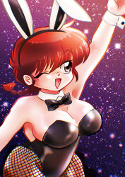 Rule 34 | animal ears, artist request, bow, bowtie, breasts, brown eyes, cleavage, detached collar, fake animal ears, fishnet pantyhose, fishnets, highres, large breasts, leotard, one eye closed, open mouth, pantyhose, playboy bunny, rabbit ears, ranma-chan, ranma 1/2, red hair, smile, wrist cuffs