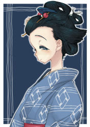 Rule 34 | 1girl, black hair, blue background, blue eyes, blue kimono, blush, border, check copyright, closed mouth, copyright request, forehead jewel, from side, geisha, hair ornament, hair stick, half-closed eyes, highres, japanese clothes, kimono, looking at viewer, looking to the side, man (man-room), nihongami, obi, original, red sash, sash, sideways glance, smile, solo, upper body, white border