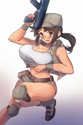 Rule 34 | 1girl, belt, blush, boots, breasts, brown eyes, brown hair, cleavage, commentary request, crop top, fio germi, glasses, gradient background, gun, handgun, hat, highres, holding, holding gun, holding weapon, knee pads, large breasts, long hair, looking at viewer, madsensei, metal slug, midriff, navel, open mouth, ponytail, short shorts, shorts, sleeveless, solo, tank top, thighhighs, thighs, trigger discipline, vest, weapon