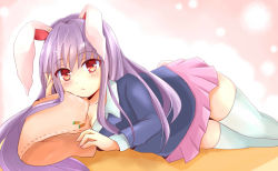 Rule 34 | 1girl, :&lt;, animal ears, bag, blush, breasts, carrot, cleavage, collared shirt, formal, hand on own face, head rest, highres, looking at viewer, ncatabc, pink skirt, purple hair, rabbit ears, rabbit tail, red eyes, reisen udongein inaba, shirt, skirt, suit, tail, touhou