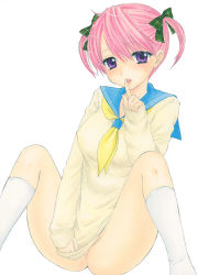 Rule 34 | 1girl, blush, bottomless, bow, breasts, finger to mouth, hair bow, large breasts, long sleeves, looking at viewer, neckerchief, open mouth, ozaki mirai, pink hair, purple eyes, school uniform, short hair, sitting, sleeves past wrists, socks, sugimoto ai, sweater, teeth, twintails, white background, white legwear, yellow neckerchief