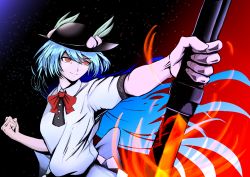 Rule 34 | 1girl, absurdres, black background, blue hair, bow, breasts, clenched hand, flaming sword, flaming weapon, food, fruit, gradient background, hat, highres, hinanawi tenshi, leaf, long hair, peach, red bow, red eyes, short sleeves, sky, small breasts, smile, solo, star (sky), starry sky, sword of hisou, touhou, weedhollow (dokuran)