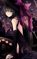 Rule 34 | 1girl, animal ears, argyle, argyle clothes, argyle legwear, black thighhighs, blue eyes, bow, brown hair, cat ears, detached sleeves, frown, hat, hat ribbon, jewelry, kemonomimi mode, long hair, looking at viewer, original, pink ribbon, r-ena, ribbon, ring, signature, sitting, slit pupils, solo, thighhighs, witch, witch hat