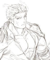 Rule 34 | 1boy, alternate pectoral size, bara, fiery hair, fiery horns, forked eyebrows, harada (basashi), horns, jacket, jacket on shoulders, large pectorals, looking at viewer, male focus, mature male, muscular, muscular male, partially unbuttoned, pectoral cleavage, pectorals, sakimori toji, short hair, sideburns, sketch, solo, tokyo houkago summoners