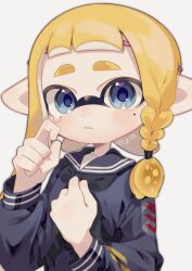 Rule 34 | 1girl, blonde hair, blue eyes, braid, braided sidelock, commentary, headband, highres, inkling, inkling girl, inkling player character, long hair, looking at viewer, mole, mole under eye, nintendo, parted lips, pink headband, pointy ears, sahata saba, sailor collar, simple background, single braid, solo, splatoon (series), splatoon 3, tears, tentacle hair, thick eyebrows, upper body, white background