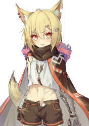 Rule 34 | 1girl, animal ears, arknights, bare shoulders, black shorts, blonde hair, blouse, cape, cowboy shot, crop top, crop top overhang, earrings, fox ears, fox girl, fox tail, frown, hair ornament, hairclip, jewelry, looking at viewer, material growth, midriff, navel, notched ear, open fly, orange eyes, oripathy lesion (arknights), prosthesis, prosthetic arm, scarf, shirt, short hair, short shorts, shorts, simple background, sleeveless, sleeveless shirt, solo, standing, stomach, tail, v-shaped eyebrows, vermeil (arknights), white background, white shirt, yoruhachi